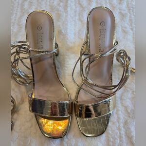 Krush Gold Metallic Croc Strappy Lace-Up Heels Sandals